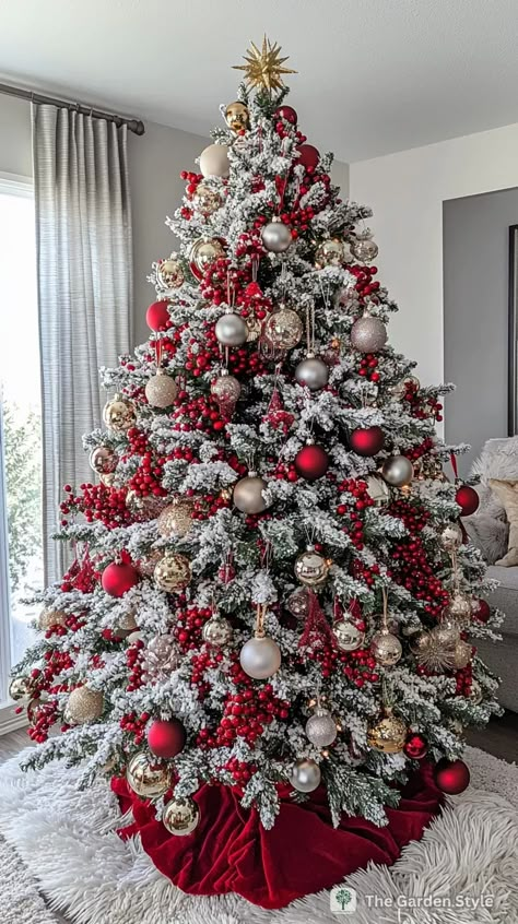 80+ Stunning Flocked Christmas Tree Decorating Ideas - The Garden Style Vintage Flocked Christmas Tree, Christmas Tree Flocked Decorating Ideas, Flocked Tree With Red Decor, Christmas Tree Themes Farmhouse, Frosted Christmas Tree Ideas, Classic Christmas Tree Ideas, Flocked Tree Decorating Ideas, Christmas Tree With Flowers, Xmas Tree Themes