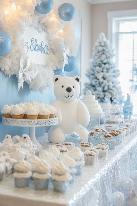 25 Simple & Easy Winter Baby Shower Theme Ideas - Barefoot Budgeting Winter Wonderland Baby Shower Theme Boy, Winter Polar Bear Baby Shower Theme, Christmas Theme Baby Shower Ideas Boy Blue, Winter Wonderland Theme Baby Shower Boy, January Baby Boy Shower Ideas, Polar Bear Themed Baby Shower Ideas, Winter Wonderland Boy Baby Shower Ideas, Baby Shower Ideas Winter Theme, Blue Winter Baby Shower Ideas