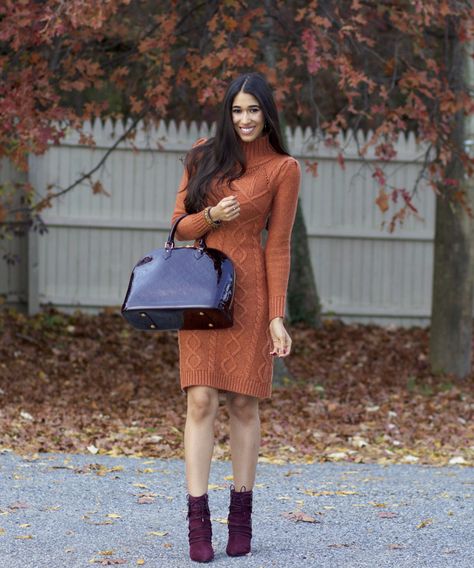 Orange Sweater Dress & Burgundy Boots Burnt Orange Sweater Dress, Orange Sweater Dress Outfit, Turtle Neck Dress Outfit, Yellow Sweater Dress, Orange Sweater Dress, Shoes And Purse, Burgundy Sweater Dress, Burnt Orange Sweater, Career Outfits