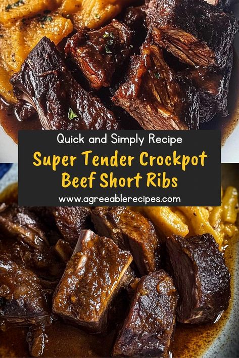 Treat yourself to tender, melt-in-your-mouth beef short ribs, slow-cooked to perfection. This crockpot delight is bursting with rich flavors, making it an ideal choice for wowing your dinner guests or savoring a cozy meal with loved ones. Beef Short Rib Stew Recipes, Crockpot Rib Tips Recipe, Oven Roasted Short Ribs, Crockpot Red Wine Short Ribs, Cola Short Ribs Recipe, Crockpot Beef Spare Ribs, Asian Beef Short Rib Recipes, Short Ribs Appetizer, Beef Rib Recipes Slow Cooker