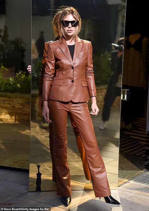 Abbey Clancy wears leather trouser suit at Bicester fashion event Bicester Village, Abbey Clancy, Celebrities Leather Jacket, October Fashion, Leather Suit, Trouser Suit, Iranian Women, Over 50 Womens Fashion, Shopping Centre