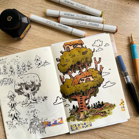 Draw Trees, Buch Design, Arte 8 Bits, Gouache Art, Sketchbook Art Journal, Brush Pens, Bullet Journal Art, Art Diary, Arte Sketchbook