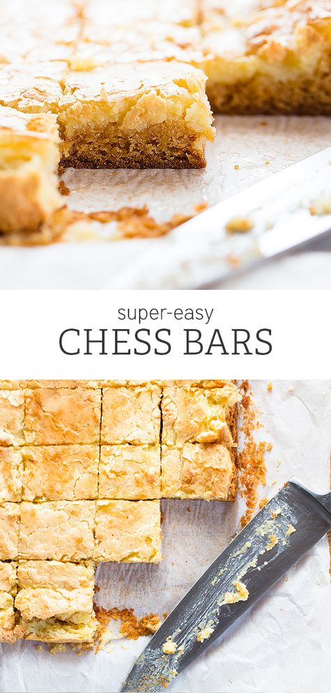 This chess bars recipe is one of the easiest and best desserts out there! Sometimes referred to as chess squares or gooey butter cake, these bars use cream cheese and yellow cake mix for a delicious dessert that's requested year-round! Chess Bars, Chess Cake, Chess Squares, Cheese Bars, Easy Bar Recipes, Gooey Butter Cake, Square Recipes, Yellow Cake, Cake Mix Recipes