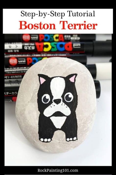 How to paint a Boston Terrier onto a rock - Rock Painting 101 Boston Terrier Painted Rock, Animal Rock Painting Ideas, Animal Rock Painting, Boston Terrier Painting, Rock Painting Idea, Rock Painting Supplies, Painting 101, Rock Painting Tutorial, Painted Rock Animals