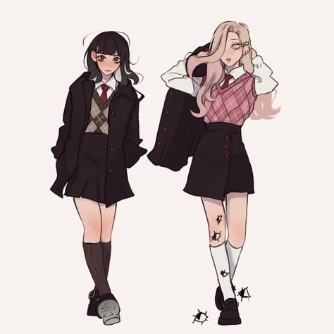 Girl High School Oc, Outfit Illustration Drawing, Mean Girl Character Design, Character Design Uniform, College Character Design, School Uniform Character Design, Vest Character Design, Teacher Oc Art, School Outfit Drawing