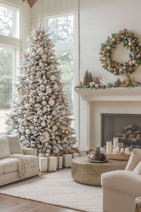 Transform your space with stunning Christmas home decor. This elegant tree and cozy fireplace setup brings a festive touch to any room. Perfect for creating a warm, inviting atmosphere during the holidays. #HolidayDecor #FestiveHome #ChristmasHomeDecor Aesthetic Living Room Christmas, Living Room Christmas Decorations, Gold Christmas Tree Decorations, Living Room Christmas, Apartment Christmas, Christmas Apartment, Neutral Christmas Decor, How To Make Christmas Tree, Christmas Interiors