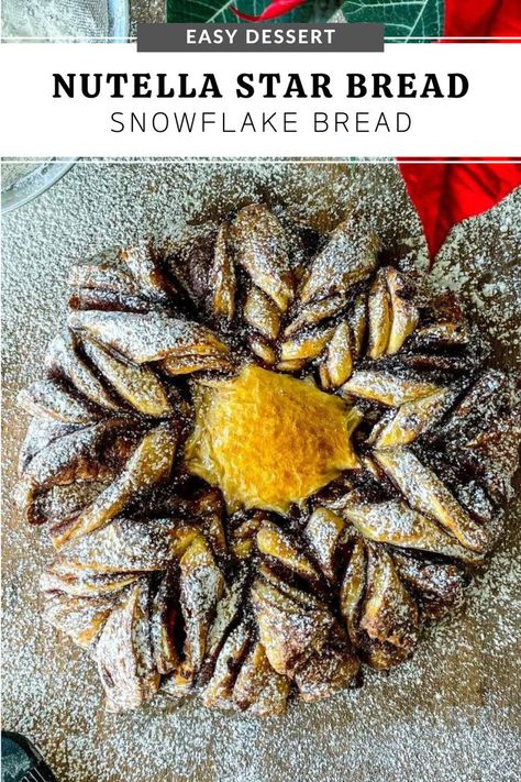 Nutella star bread dusted with powdered sugar, served on a wooden board. Christmas Fingerfoods Appetizer Party, Snowflake Bread, Nutella Star, Nutella Star Bread, Pool Party Food, Star Bread, Holiday Appetizers Easy, Nutella Desserts, Easy Dessert Recipe