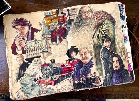 Harry Potter Characters Sketch, Sketchbook Ideas Harry Potter, Harry Potter Marker Art, Harry Potter Sketchbook, Harry Potter Illustration Art, Movie Sketchbook, Sketchbook Spread, Harry Potter Sketch, Harry Potter Colors