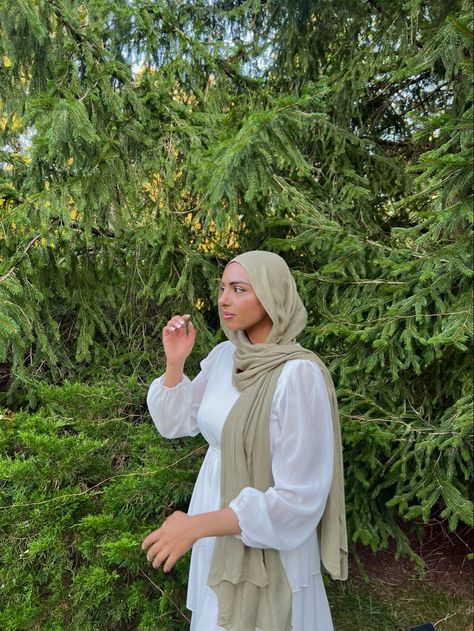 Olive Hijab Outfit, Sage Green Hijab Outfit, Olive Green Hijab Outfit, Sage Green Hijab, White Dress Modest, Green Hijab Outfit, Vela Scarves, Vela Hijab, Green Summer Outfit