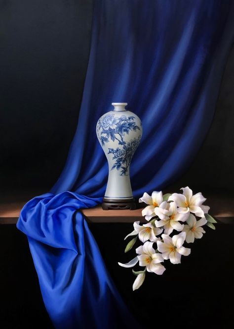 Blue Still Life, Blueberry Still Life, Blue Oil Painting Aesthetic, Drapery Painting Still Life, Blue Still Life Painting, Blue Vase With Flowers Painting, Life Drawing Reference, Fabric Photography, Flowers In Jars