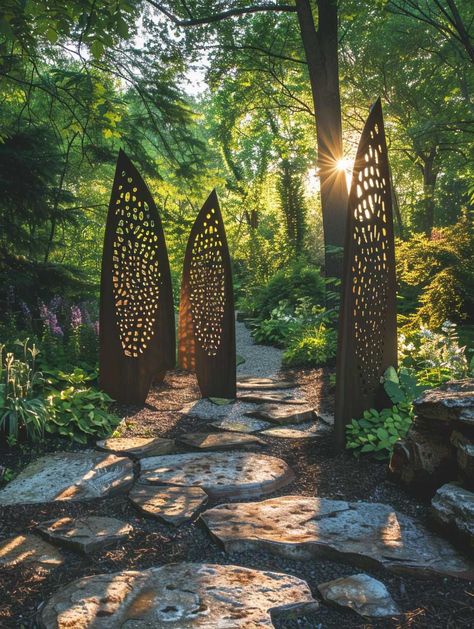 Large Metal Yard Art, Outdoor Sculpture Art, Modern Landscaping Design, Outdoor Sculpture Ideas, Metal Garden Sculpture Ideas, Art In The Garden, Landscape Sculpture Art, Landscaping Sculptures, Diy Garden Sculpture Ideas