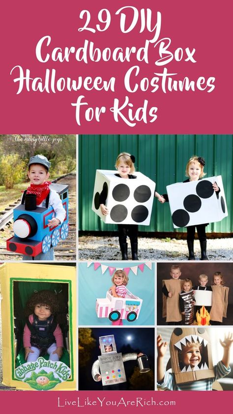 These DIY cardboard box Halloween costumes for kids are a creative and inexpensive way to celebrate Halloween and dress up for trick-or-treating. Use those extra boxes you’ve got to make an innovative masterpiece. Toy Costumes Diy, Toy Costume Ideas, Cardboard Box Halloween Costumes, Cardboard Box Costumes, Box Halloween Costumes, Cardboard Halloween Costumes, Diy Kids Halloween Costumes, Creative Kids Halloween Costume, Homemade Halloween Costumes For Kids