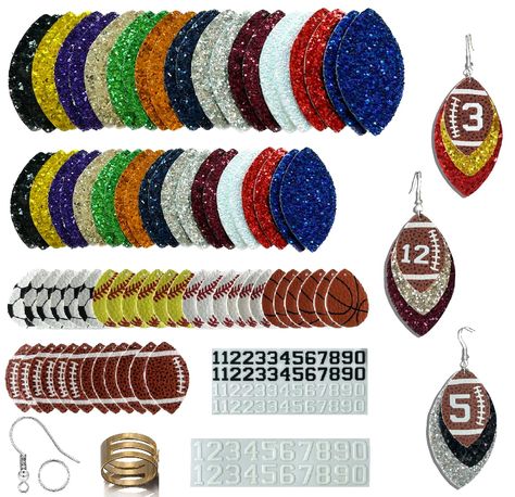 PRICES MAY VARY. PACKAGE INCLUDES: This package includes 24 large glitter faux leather pieces, 24 small glitter faux leather pieces, 12 footballs, 6 baseballs, 6 softballs, 6 basketballs, and 6 football one-layer faux leather earrings. Additionally, the package contains 2 digital crystal markers, 48 silver-plated earring hooks, 48 silver-plated jump rings, and 1 jump ring opener to meet your creative needs. CUSTOMIZE YOUR TEAM COLORS: You have the freedom to use leather in various sizes and colo Band Mom Earrings, Game Day Accessories, Bubblegum Pens, Faux Leather Crafts, Christmas Earings, Country Earrings, Basketball Earrings, Yarn Earrings, Faux Leather Earring