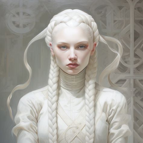 Albino Character Design, Albino Elf, White Tiefling, Albino Dragon, White Avatar, Albino People, White Dreads, Snow Elf, Elven Queen