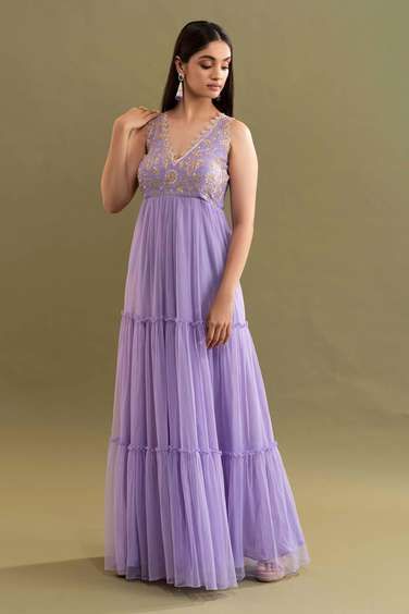 Buy Ariyana Couture Black Viscose Georgette Embroidered Collar Tunic Online | Aza Fashions Kavitha Gutta, Net Anarkali Dresses, Lavender Gown, Diwali Dresses, Lavender Fabric, Blue And Lavender, Anarkali Dress Pattern, Net Dress, Long Gown Dress