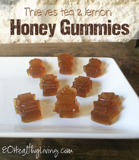 Thieves and Honey Lemon Tea Gummies with Thieves and lemon essential oil Honey Gummies, Lemon Gummies, Diy Herbal Gummies, Immune Gummies, Cough Drops Homemade Honey Lemon, Thieves Tea, Honey Lemon Tea, Healthy Gummies, Homemade Gummies