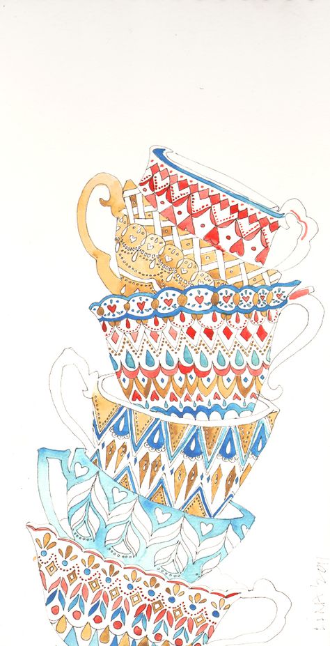 Zantangle Art, Tea Cup Art, Tea Illustration, Cup Art, Teapots And Cups, Tea Art, Arte Popular, Zen Doodle, Chinoiserie