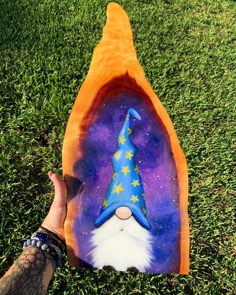 Painting On Wood Ideas, Gnome Painting Ideas, Resin In Wood, Drawings Of Nature, Wizard Gnome, Pencil Drawings Of Nature, Gnomes To Make, Gnome Painting, Resin Top Coat