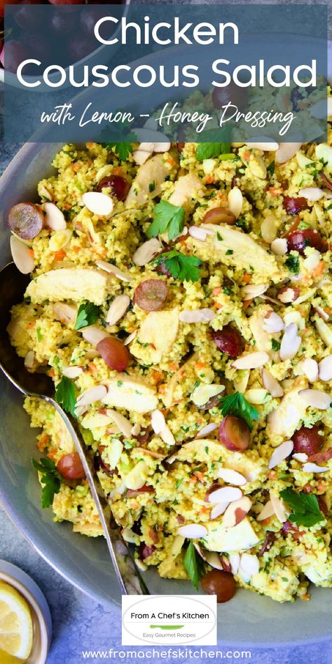 Easy Chicken Couscous Salad is as bright and sunny as summer itself and will surely be the hit of your next get-together!  Fluffy couscous, tender chicken, crunchy almonds, sweet red grapes, and a tangy lemon honey dressing combine for a vibrant medley of flavor and textures. Chicken Couscous Salad Recipes, Couscous Salad Chicken, Pearl Couscous Recipes Chicken, Couscous Recipes Salad, Chicken And Couscous Recipes, Lemon Honey Dressing, Chicken Couscous Salad, Pearl Couscous Recipes, Pearl Couscous Salad