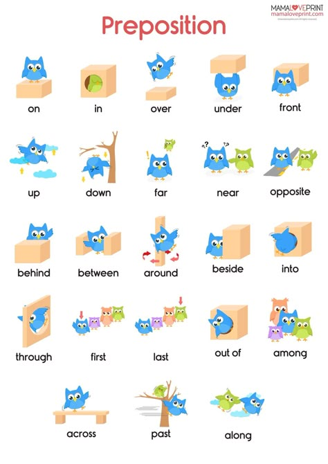 Teaching Prepositions Preschool, Activities For English Language Learners, Vocabulary For Kids English, A Words For Preschool, Preposition Chart Ideas, English Lessons For Kids Preschool, Prepositions For Kids, English For Preschoolers, English Study Tips