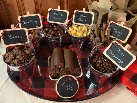 Moose Party Theme, Adventure Theme Party Food, Lumberjack Themed Food, Adventure Awaits Food Ideas, Lincoln Log Birthday Party, Lumberjack Party Food Ideas, One Happy Camper Party Decor, Lumberjack Wedding Ideas, Camping Theme Table Decorations