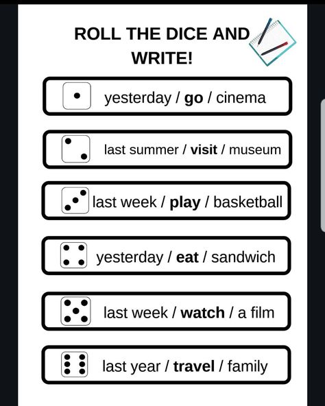 @myclassyourclass on Instagram: “Writing tips! Roll the dice and write sentences in Simple Past.” Roll A Dice Story, 2024 Writing, Dice Activities, Story Dice, Roll A Story, Simple Past, Grammar Games, Past Simple, Class Games