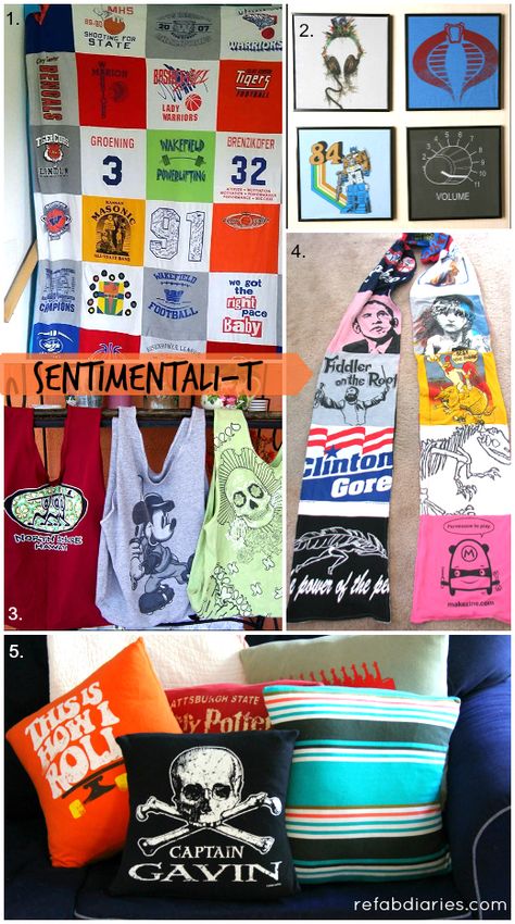 Ideas for gently repurposing T-shirt keepsakes. What to do with them if you never wear them but they're too meaningful to truly upcycle? This round up includes links to DIYs and professionals who'll do it for you. Keepsake Tshirt Ideas, T Shirt Memory Ideas, Old T Shirt Ideas, What To Do With Old T Shirts, Old Tshirt Ideas, Upcycle T Shirts, Recycling Textiles, Repurposed Tshirt, Fangirl Room