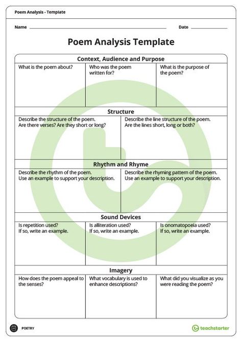 Teaching Resource Poem Analysis Template Teaching Resource Poetry Analysis Worksheet, Poetry Middle School, Planning School, Poem Analysis, Poetry Analysis, Teaching High School English, Teaching Literature, Teaching Poetry, Poetry Ideas