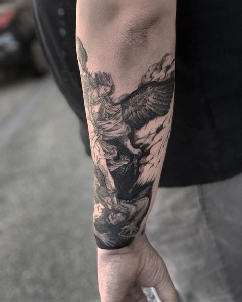 #Tattoos,half sleeve tattoo Men’s Back Of Arm Tattoo, Dark Path Tattoo, Angel Arm Sleeve Tattoo, Right Arm Tattoo Men Half Sleeves, Lower Half Sleeve Tattoo For Men, Cool Forearm Tattoos Men Half Sleeves, Angle Tattoo For Men Forearm, Lower Arm Sleeve Tattoos Men, Deeper Meaning Tattoos