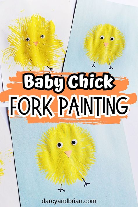 Discover a creative and simple way to make art with your children this spring! Our chick fork painting craft offers a delightful and educational experience for kids of all ages. Learn how to create a fluffy baby chick using only paint and a plastic fork. This project is perfect for adding a touch of spring to your home or classroom, integrating art with learning about farm animals and the changing seasons. Chick Crafts For Preschoolers, Chick Crafts For Toddlers, Baby Chick Craft Preschool, Easter Chick Fork Painting, Chick Craft For Toddlers, Chick Art And Craft, Spring Art For Kids, Fork Painting, Barnyard Dance