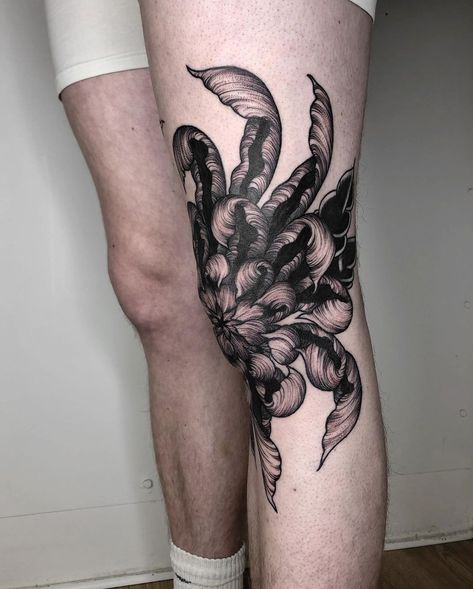 Flower Knee Cap Tattoo, Dark Plant, Black Flowers Tattoo, Neo Tattoo, Japanese Flower Tattoo, Filigree Tattoo, Chrysanthemum Tattoo, Explore Tattoo, Japan Tattoo Design