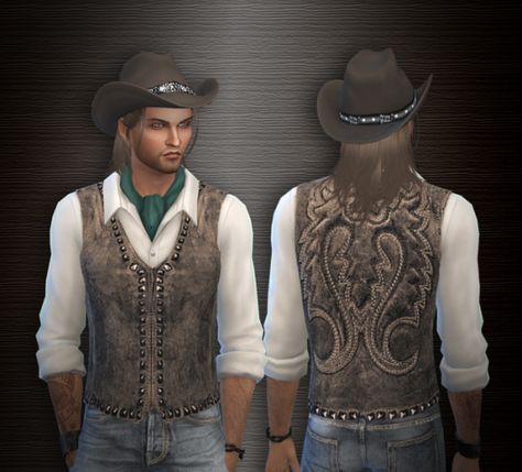 Alial Sim — Top with leather vest and cowboy hat Top: Download... Sims 4 Cowboy Clothes, Ts4 Cowboy Cc, Cowboy Hat Sims 4 Cc, Sims 4 Cc Cowboy Hat, Sims 4 Cowboy Hat, Cowboy Sims 4 Cc, Sims 4 Cowboy Cc, Cowboy Hat Decor, Cowboy Outfit Men