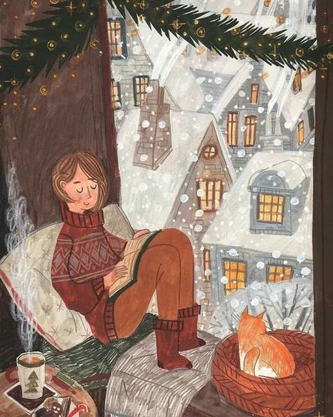 Hygge Illustration, Reading Wallpaper, Winter Hygge, Happy Winter Solstice, Christmas Reading, Winter Illustration, Book Illustration Art, House Illustration, Christmas Scenes