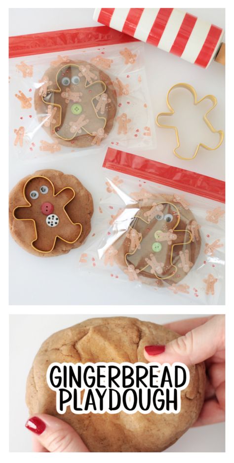 Gingerbread playdough is easy to make and a great sensory activity for kids. I made 16 packages to send to kindergarten! Gingerbread Playdoh No Cook, Ginger Bread Play Dough, Gingerbread Activity Kindergarten, Easy Gingerbread Playdough Recipe, Gingerbread Playdough Kit, Gingerbread Man Playdough, Gingerbread Man Sensory Activities, Gingerbread Sensory Bin Preschool, Gingerbread Playdough Recipe No Cook