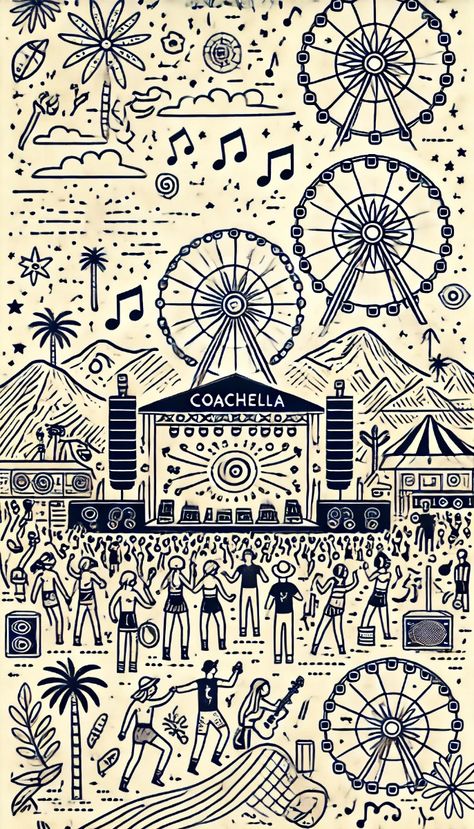 The line drawing for the Coachella Valley Music and Arts Festival. It features a large main stage, the iconic Ferris wheel, a lively crowd, palm trees, mountains, and unique art installations, all with whimsical elements like musical notes and stars. Enjoy! If you need any more pages or further modifications, feel free to let me know in the comment... Coachella Poster Design, Music Festival Poster Design Graphics, Coachella Illustration, Fair Doodles, Ferris Wheel Illustration, Ferris Wheel Drawing, Music Festival Illustration, Concert Drawing, Coachella Poster