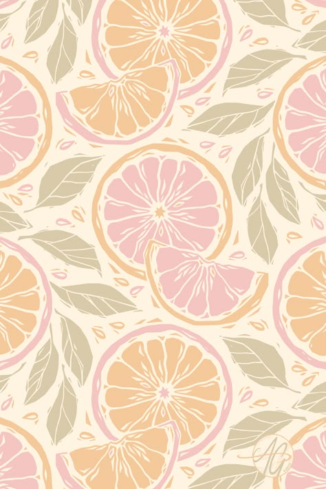 Pink and yellow sliced grapefruit and leaves in a block print style. Spring Summer Prints, Block Print Pattern Design, Print Patterns Aesthetic, Print Paper Design, Cute Fabric Prints, Sliced Grapefruit, Grapefruit Wallpaper, Oranges Design, Patterns Aesthetic