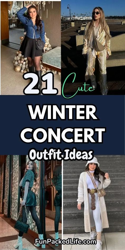 Image features four winter concert outfit ideas for women, with the text "21 Cute Winter Concert Outfit Ideas" prominently displayed. Styles include a denim jacket with a black skirt and tights, a metallic co-ord set with sunglasses, a chic leather shorts outfit with patterned tights, and a cozy long cardigan layered over athleisure. Concert Outfit With Leggings, Country Concert Outfit Inspo Winter, Warm Concert Outfit Winter, Holiday Concert Outfit Ideas, Outdoor Winter Concert Outfit, Cute Winter Concert Outfits, Christmas Concert Outfit Ideas, Cute Concert Outfit Ideas, Rock Concert Outfit Winter