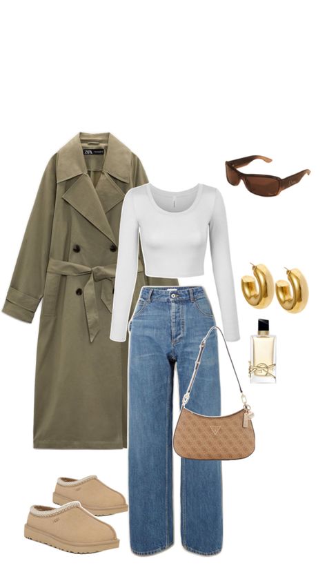 Fall outfit, trench coat, green trench coat, Tasman Uggs, chill outfit Tasman Uggs, Outfit Trench, Trench Outfit, Outfit With Uggs, Chill Outfit, Green Trench Coat, Trench Coat Outfit, Trench Coat Style, Uni Outfits