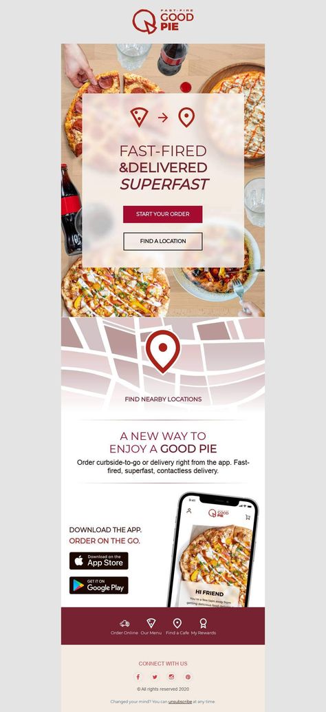 Customize this email design template with your content and send it to your mailing list for free! BEE is the easiest and quickest way to design elegant, mobile responsive emails, starting from scratch or from our 550+ ready-to-use templates.  Try our BEE editor for free at the link above. (No signup required) #emaildesign #emailtemplate #restaurant #foodorder Designed by Derek Brumby Restaurant Email Design, Professional Email Templates, Email Tips, Html Email Templates, Email Inspiration, Restaurant Delivery, Bee Free, Email Template Design, Responsive Email