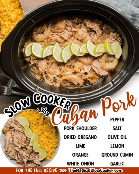 This garlic and citrus Slow Cooker Cuban Pork is tender and flavorful! - The Magical Slow Cooker Cuban Mojo Pork, Slow Cooker Meal Prep, Slow Cooker Cuban Pork, Cuban Mojo, Pork Dinners, Mojo Pork, Cuban Pork, Magical Slow Cooker, Pot Roast Crock Pot Recipes