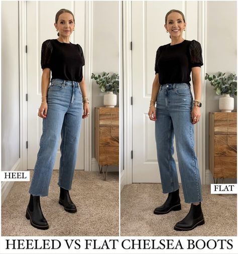 Black Boot Outfit Ideas, Heeled Chelsea Boots Outfit, Black Boot Outfit, Flat Boots Outfit, Black Chelsea Boots Outfit, Chelsea Boots Outfits, Chelsea Boot Outfit, Flat Chelsea Boots, Cropped Jeans Outfit