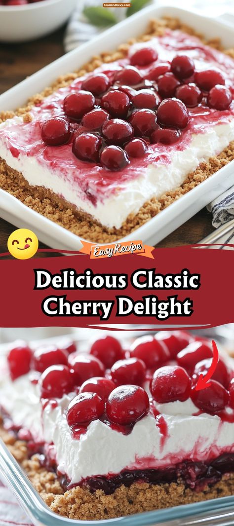 Classic Cherry Delight Cherry Delight Pie, Comstock Cherry Pie Filling Recipes, Cherry Pudding Dessert, Cherry Delight Dessert With Pecan Crust, Cherry Pie Dessert Recipes, Cherry Jubilee Dessert Recipes, Cherry Delight Dessert 9x13, Cherry Graham Cracker Dessert, Cherry Cheesecake Delight