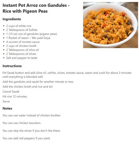 Arroz Con Gandules Instant Pot, Gandule Rice Recipe Hawaii, Gandule Rice, Boricua Recipes, Spanish Dishes, Pasta Dinner Recipes, Instant Pot Dinner Recipes, Caribbean Recipes, Instant Pot Pressure Cooker