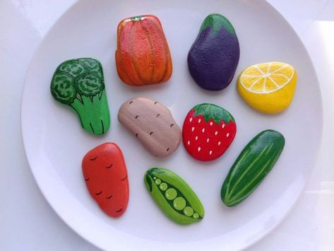 Painted Rocks Fruits And Vegetables, What Paint To Use On Rocks, Painted Rock Food For Kids, Vegetable Rocks Painted Stones, Rock Painting Fruit, Mud Kitchen Painted Rocks, Pineapple Painted Rocks, Painted Rocks For Mud Kitchen, Rock Food Painted