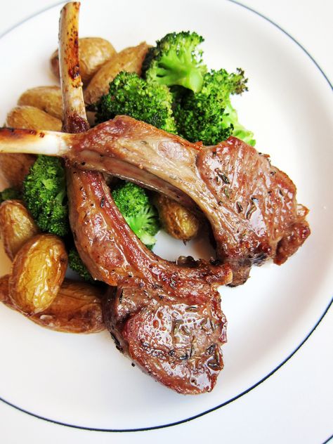 Roasted Potatoes And Broccoli, Potatoes And Broccoli, Lamb Chop Recipes, Lamb Chop, Lamb Dishes, Grilled Lamb, Lamb Roast, Food Writing, Lamb Chops