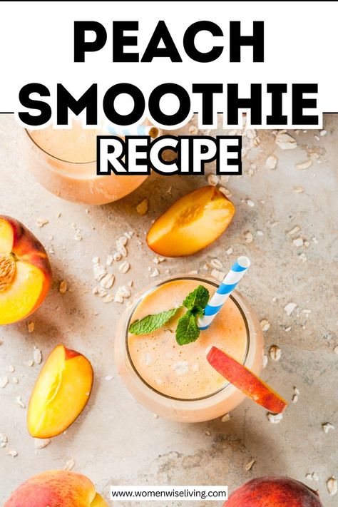 A tall glass filled with a peach smoothie topped with slices of fresh peaches and a sprinkle of chia seeds, sitting on a rustic wooden table. The smoothie has a creamy, light orange color, blending the sweetness of ripe peaches with the richness of yogurt. There’s a soft natural light highlighting the freshness of the ingredients. Recipe With Oats, Oats Smoothie Recipes, Easy Smoothie Recipe, Smoothie Easy, Peach Smoothie Recipes, Peach Smoothie, Creamy Yogurt, Raspberry Smoothie, Quick Snack