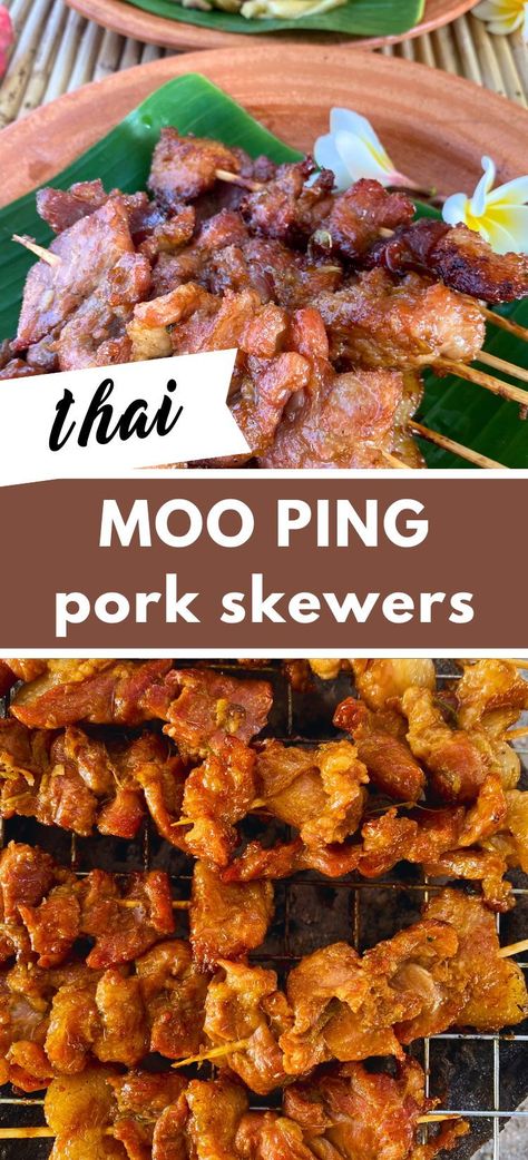 Get the best of Thai street food with this Moo Ping Skewers Recipe! Marinate tender pork in a flavorful mix, grill to perfection, and serve with sticky rice (Khao Niew). Easy to make, perfect for a snack or appetizer, and delicious with a favorite dipping sauce. Thai Food Appetizers, Thai Appetizer Recipes, Bbq Snacks, Pork Satay, Thai Street Food Recipes, Bbq Pork Recipes, Pork Skewers, Skewer Appetizers, Food On Sticks