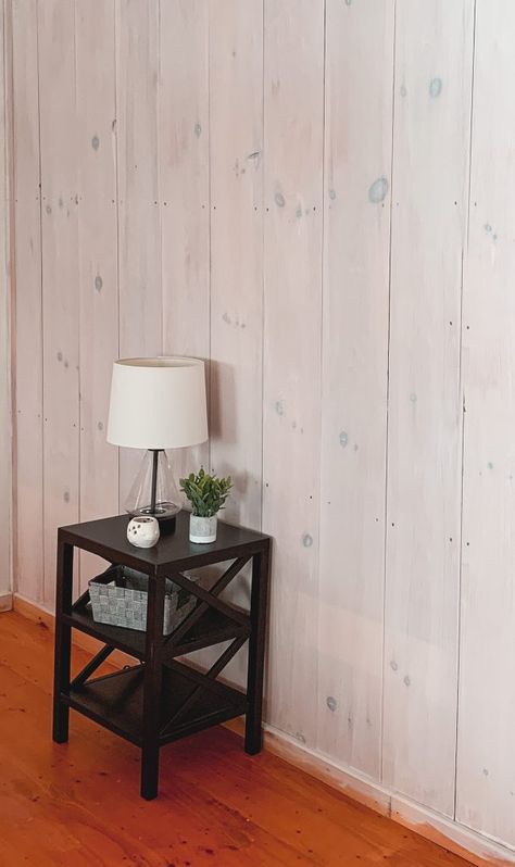 How to Whitewash Walls - Mainely Katie White Wash Knotty Pine Walls, Whitewash Knotty Pine Walls, Whitewash Walls, Whitewash Stained Wood, White Washed Wood Paneling, Painted Pine Walls, White Wood Stain, White Wash Brick Fireplace, Knotty Pine Walls