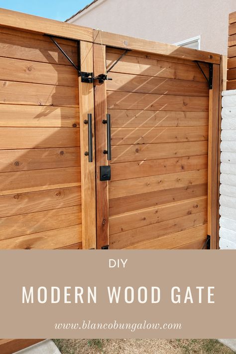 DIY: Modern Wood Gate, How to build your own modern gate.  Blanco Bungalow Fence Ideas Gate, Diy Fences And Gates, Backyard Double Gate, How To Build Gate For Fence, Building A Wood Fence, Cedar Fence Gate Ideas, Horizontal Wood Fence With Gate, Privacy Fence Gates Ideas, Diy Backyard Gate