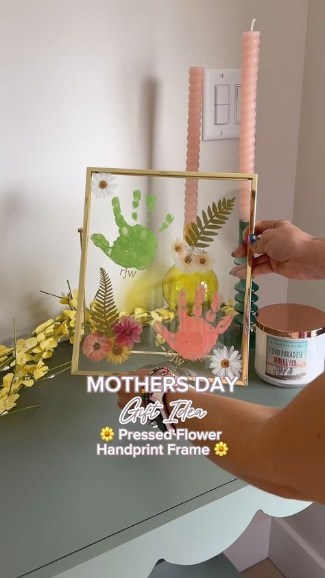 Kayzie Weedman - Working Mom | Lifestyle | Family | Let’s make some Mother’s Day crafts with my toddlers 🌼🌸🌷 we made these DIY pressed floral handprint frames from scratch and we had so much… | Instagram Toddler Craft Mother's Day, Family Handprint Craft, Pressed Flower Handprint Frame, Grandparent Gifts Diy, Hand And Foot Print Art, Kids Art Gifts, Foot Print Art, Family Art Projects, Grandparent Day